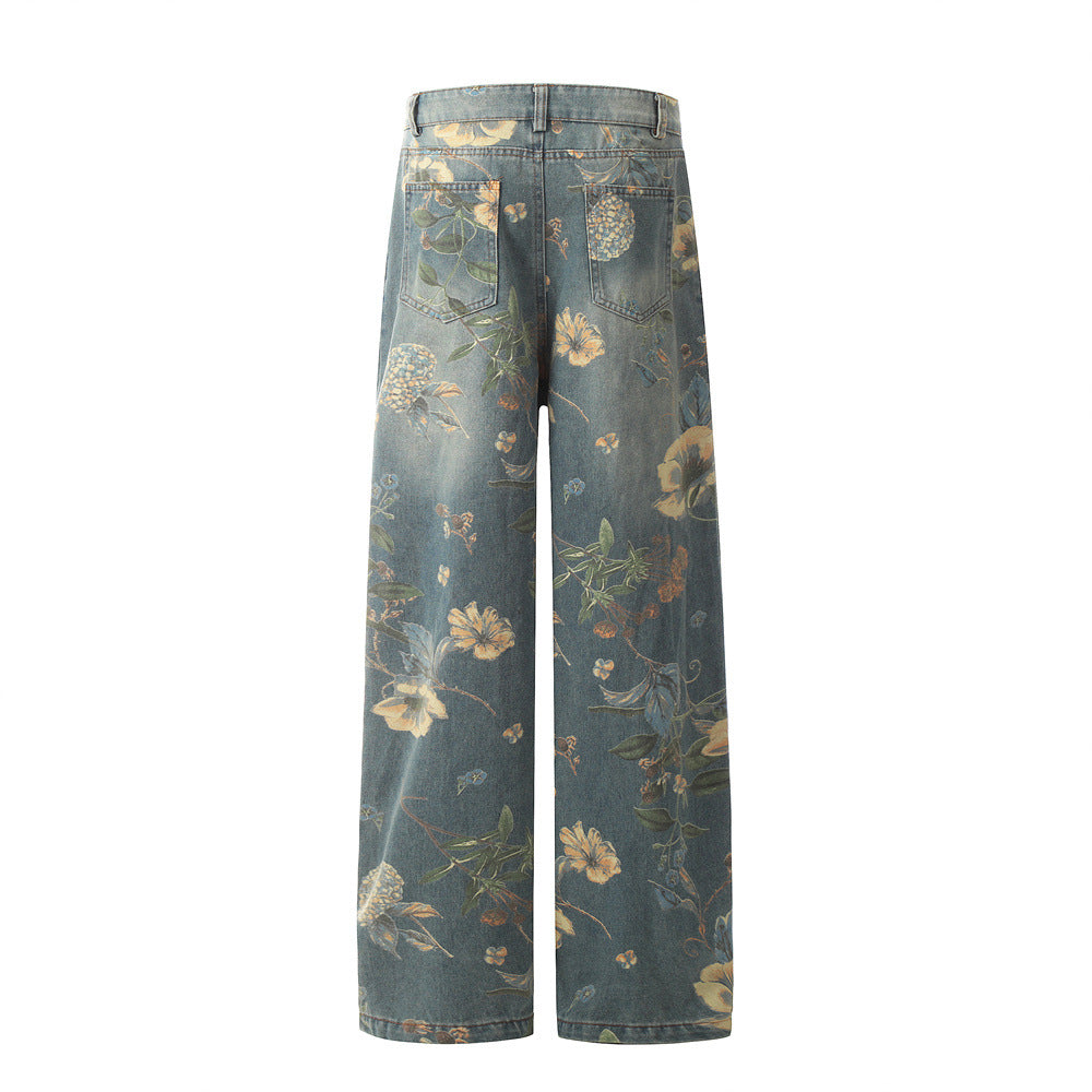 Full-Print Floral Design Loose Wide-Leg Denim Trousers for Men and Women, Vibe European and American Trendy Floor-Length Dad Pants