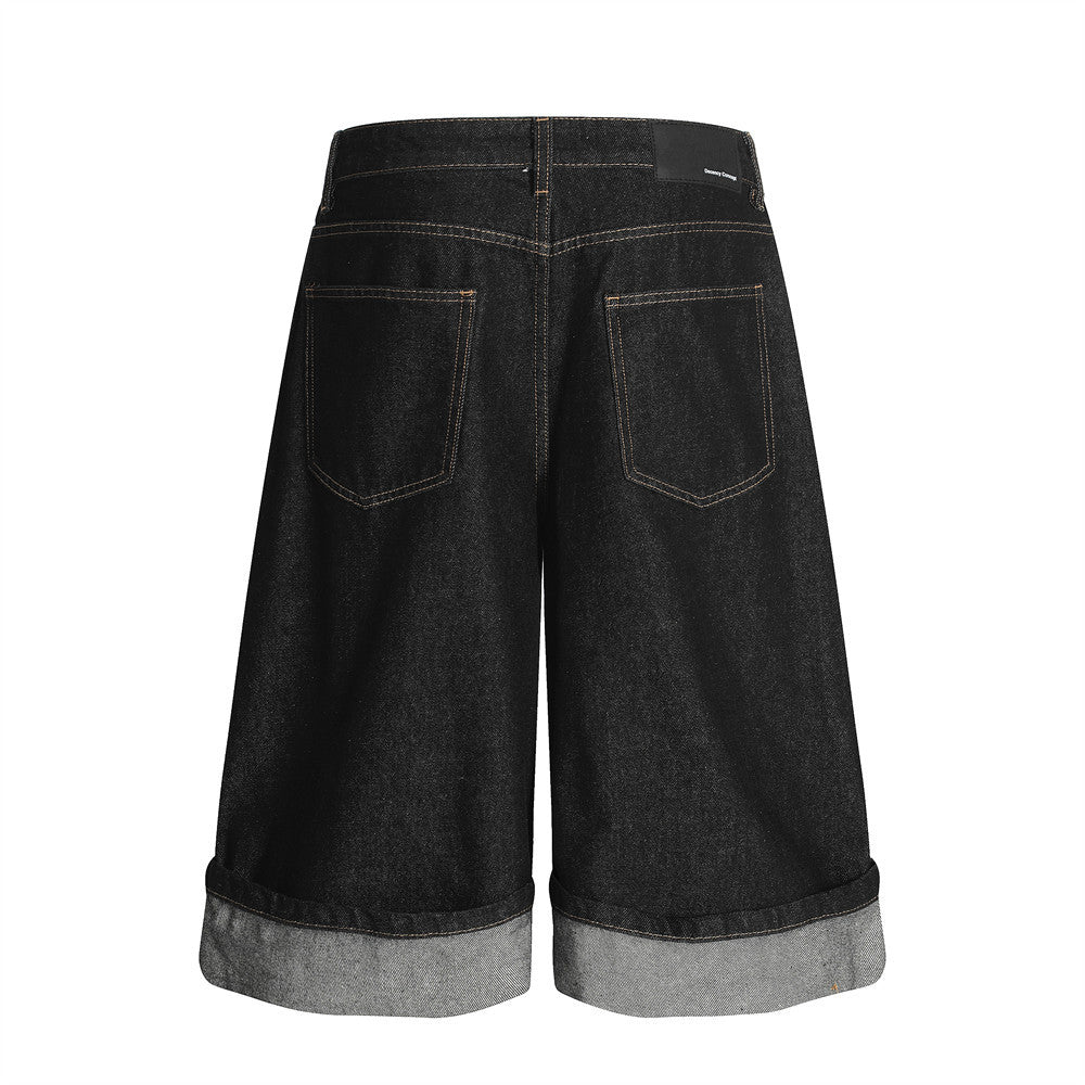 Color Block Turn-up Straight Jeans Shorts Men's Fashion Brand Topstitching Design Rolled Hem Loose Wide-leg Five-point Pants