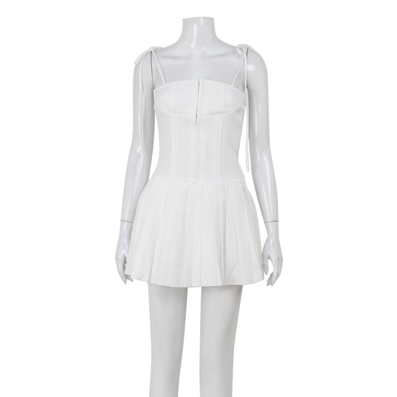 White sexy pure desire style dress with backless straps and pleated camisole skirt