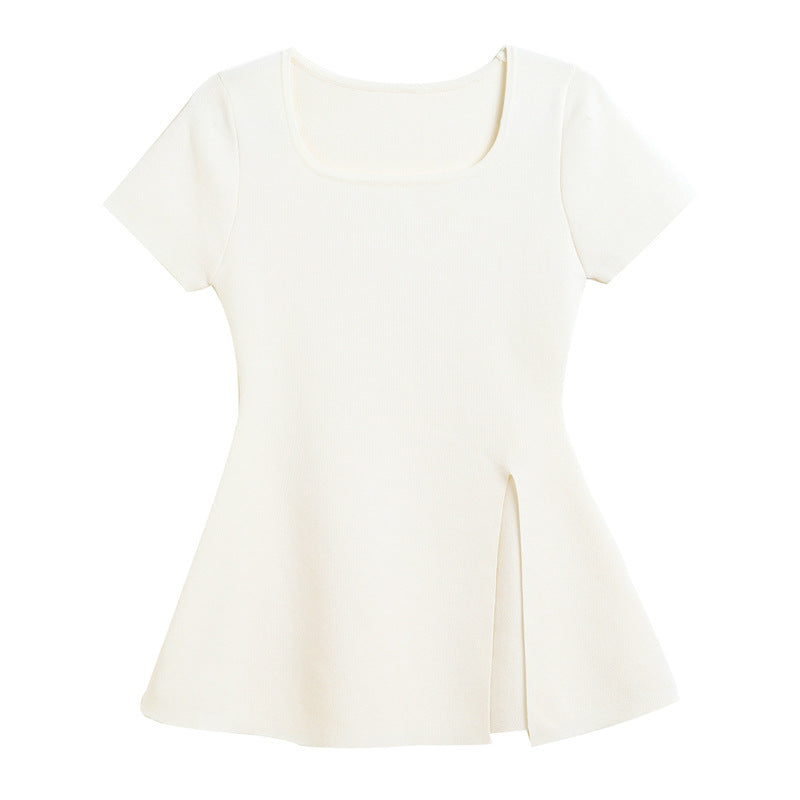 Women's slit T-shirt short sleeved U-neck top