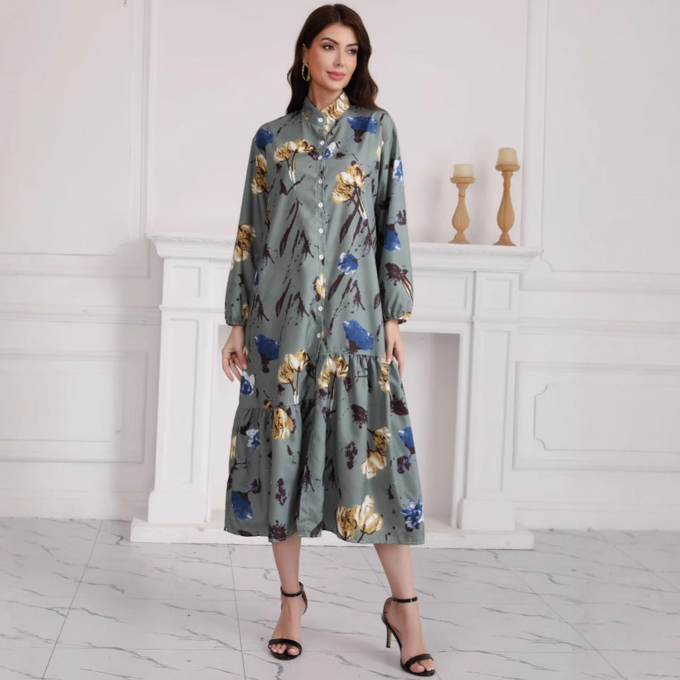 Women's Long Sleeve Fashion Loose Casual Floral Print Maxi Dress