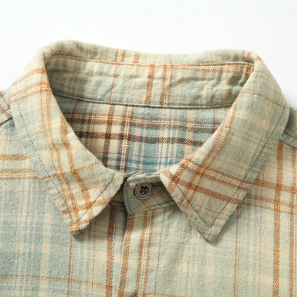 Gradient Dyed Plaid Long Sleeve Shirt Men's Spring Autumn Trendy Punk Heavy Work Old Frayed Multi-Pocket Shirt