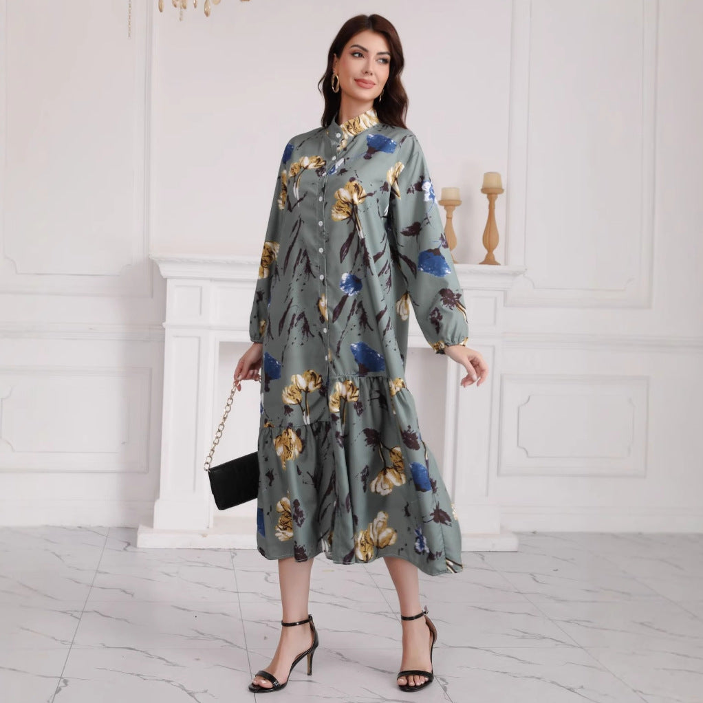 Women's Long Sleeve Fashion Loose Casual Floral Print Maxi Dress