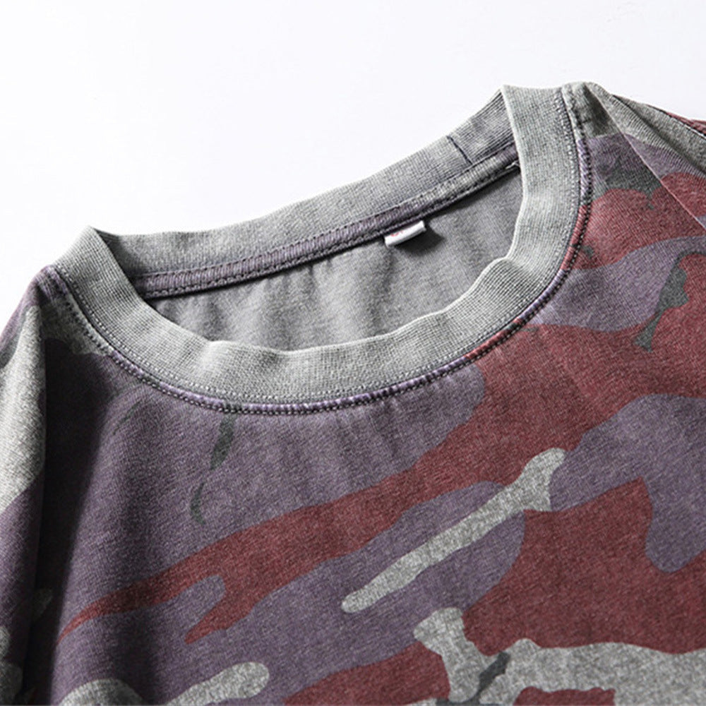 Color Block Camouflage Short Sleeve T-Shirt Men's Summer Versatile Functional Style Loose Streetwear Striped Round Neck Half Sleeve Top
