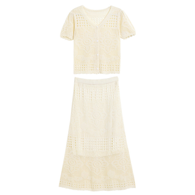 Women's crochet hollow cardigan half skirt set
