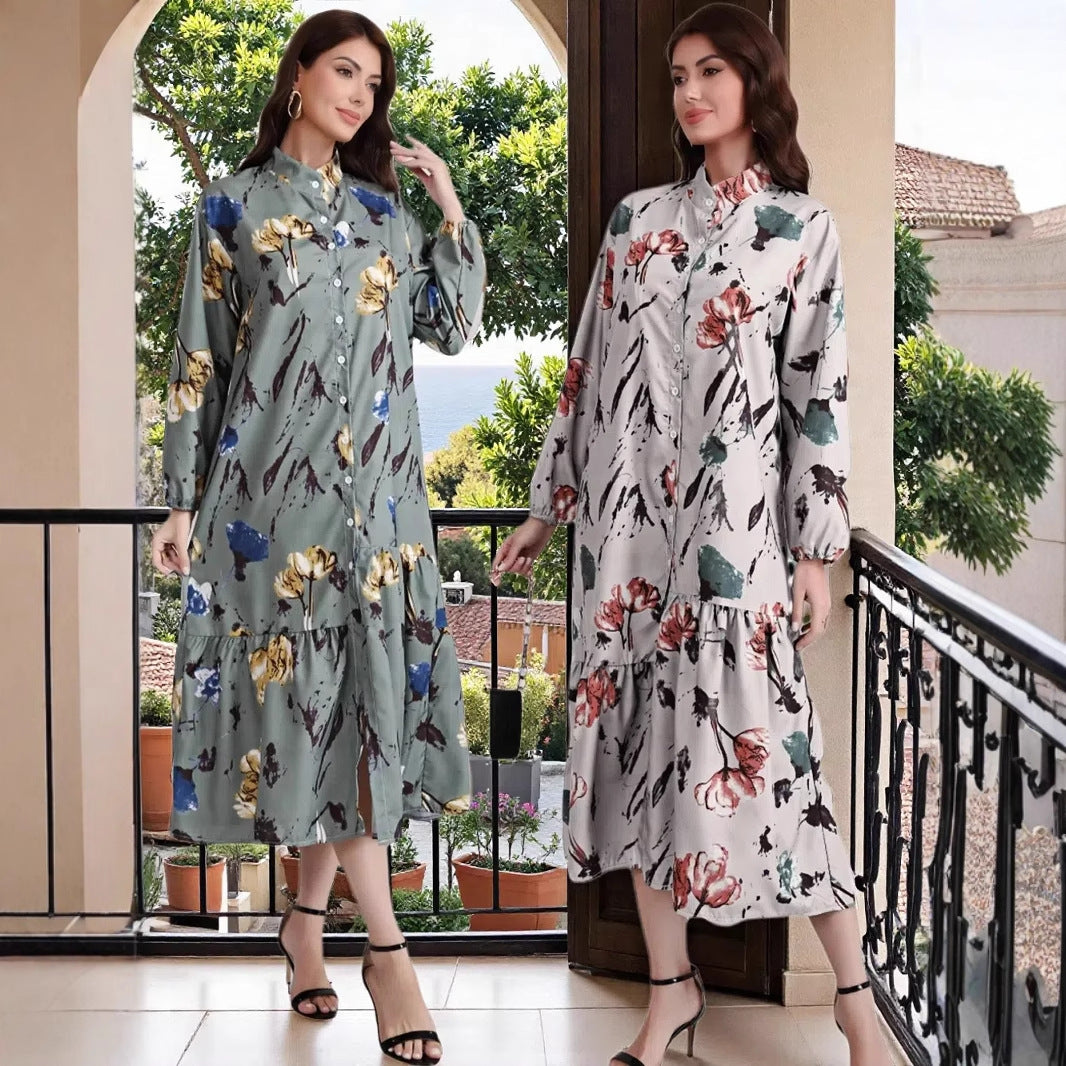 Women's Long Sleeve Fashion Loose Casual Floral Print Maxi Dress