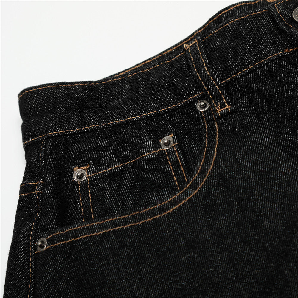 Color Block Turn-up Straight Jeans Shorts Men's Fashion Brand Topstitching Design Rolled Hem Loose Wide-leg Five-point Pants