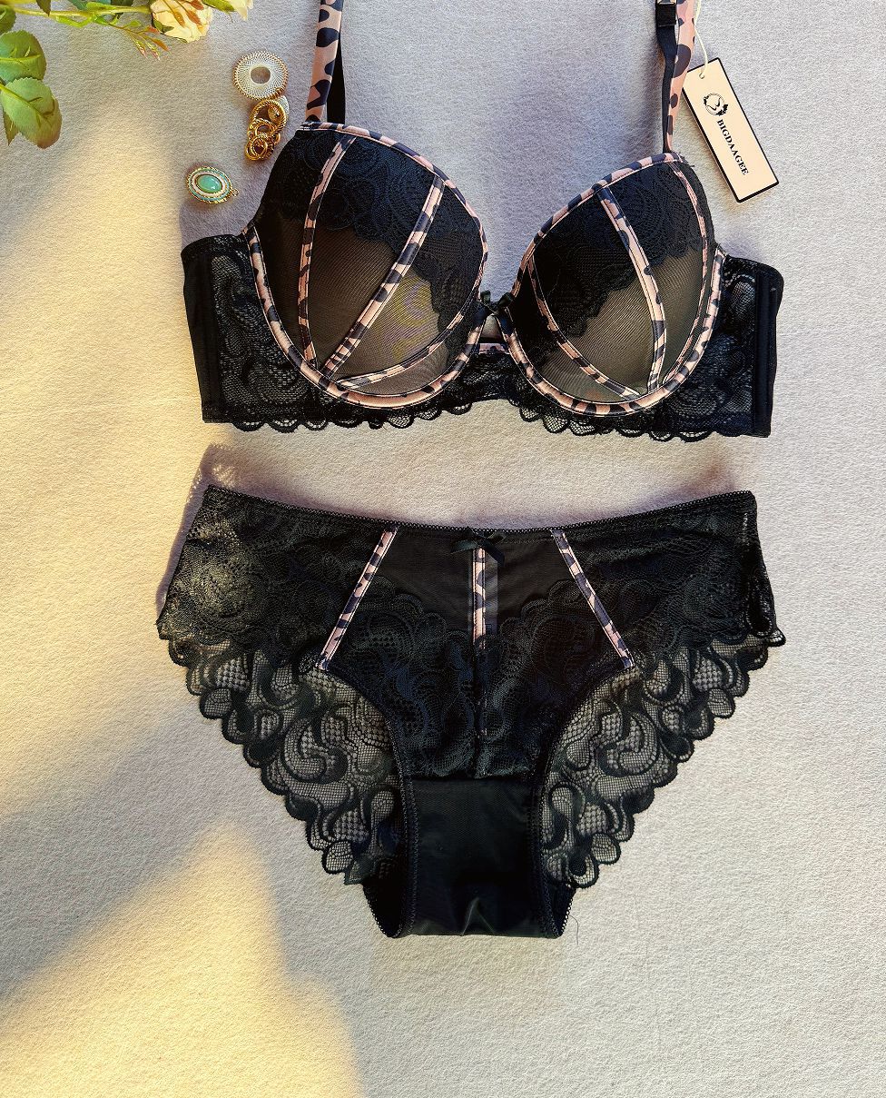 Cross-border New Leopard Print Sexy Push-up Bra Lace Thin Molded Cup Plus Size Women's Underwear Set