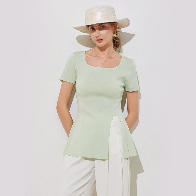 Women's slit T-shirt short sleeved U-neck top