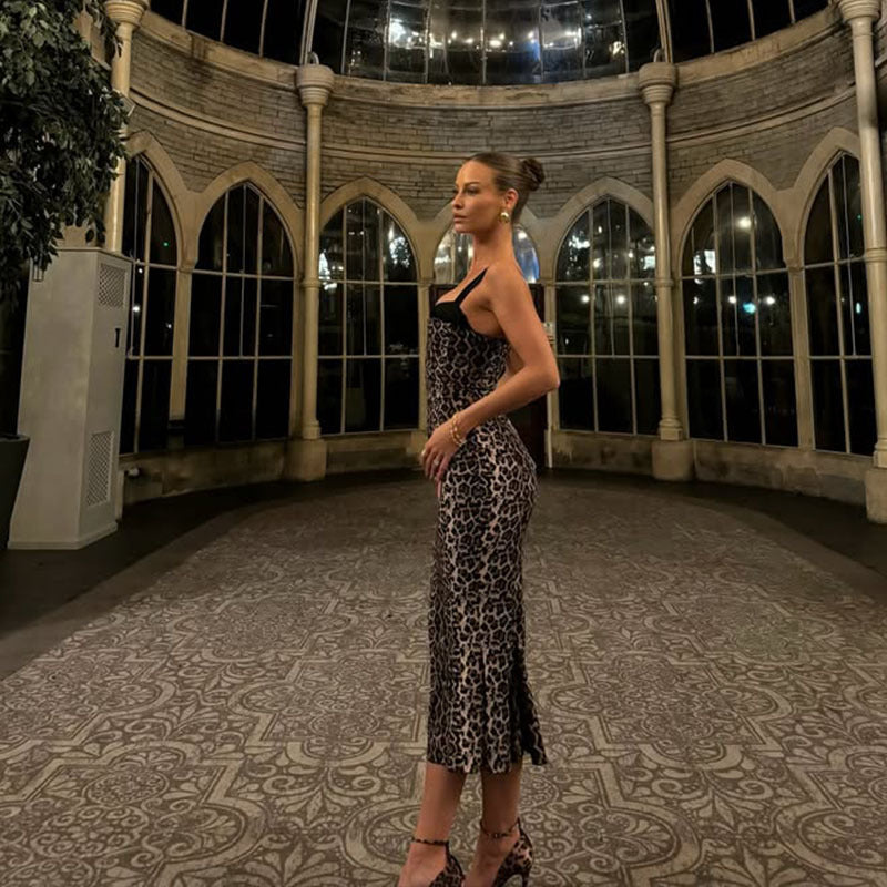 Backless leopard print dress with sleeveless suspender and fishtail skirt