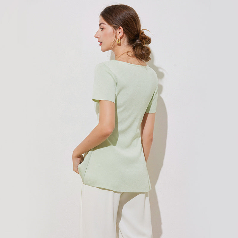 Women's slit T-shirt short sleeved U-neck top