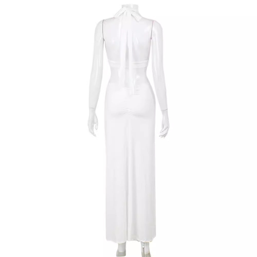 Deep V sexy backless hanging neck top hip hugging pleated long skirt set for women
