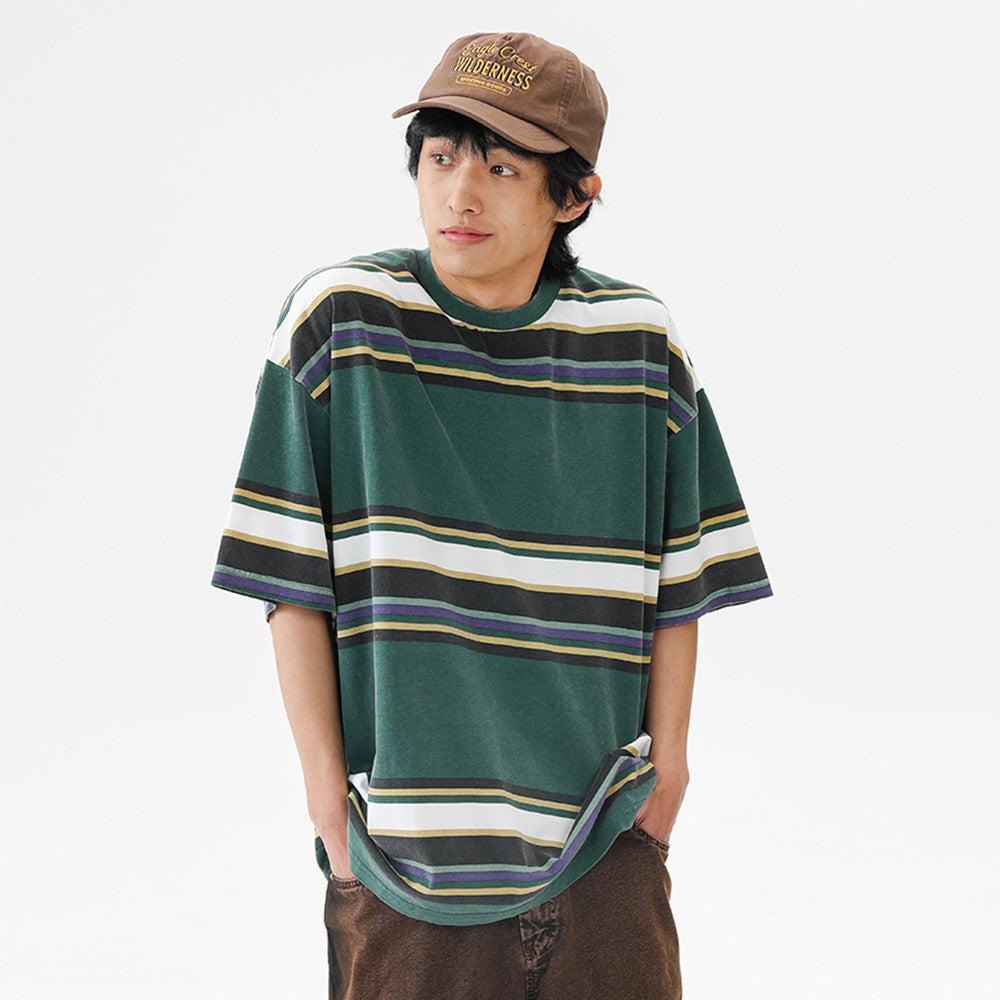 Color Block Camouflage Short Sleeve T-Shirt Men's Summer Versatile Functional Style Loose Streetwear Striped Round Neck Half Sleeve Top