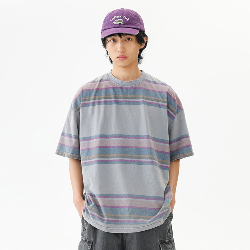 Color Block Camouflage Short Sleeve T-Shirt Men's Summer Versatile Functional Style Loose Streetwear Striped Round Neck Half Sleeve Top