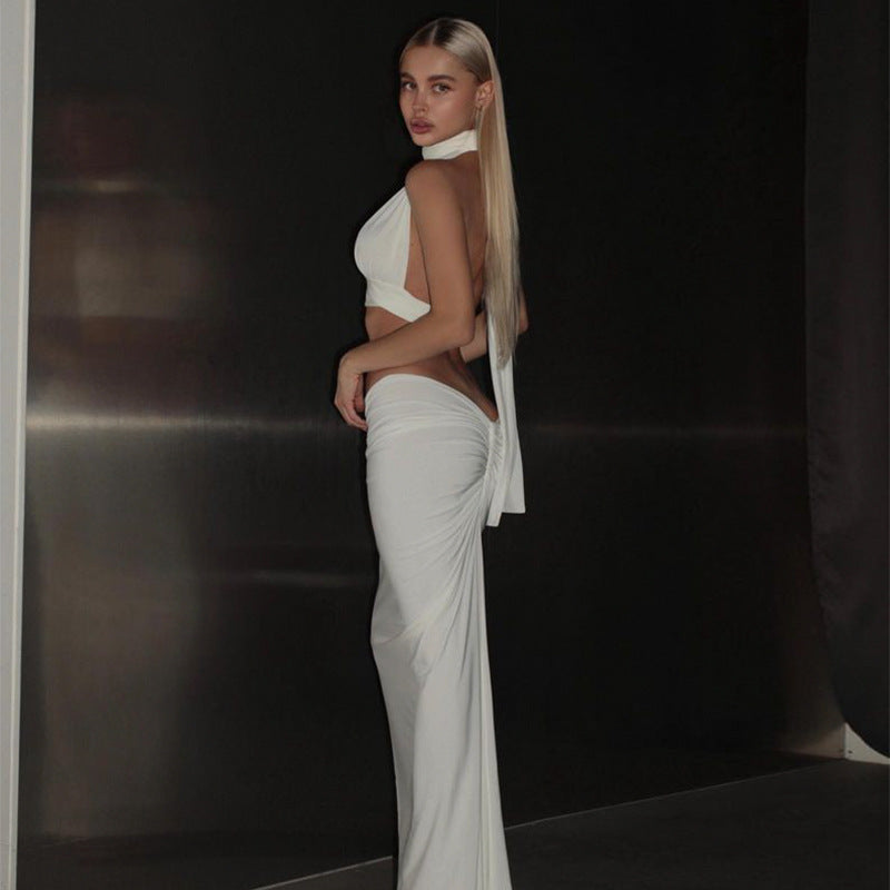 Deep V sexy backless hanging neck top hip hugging pleated long skirt set for women