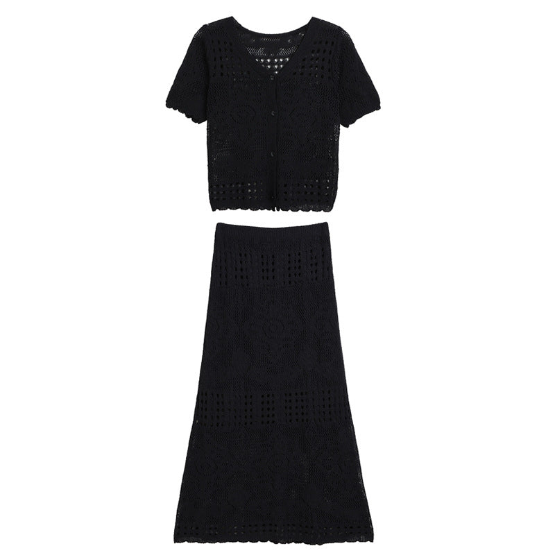 Women's crochet hollow cardigan half skirt set