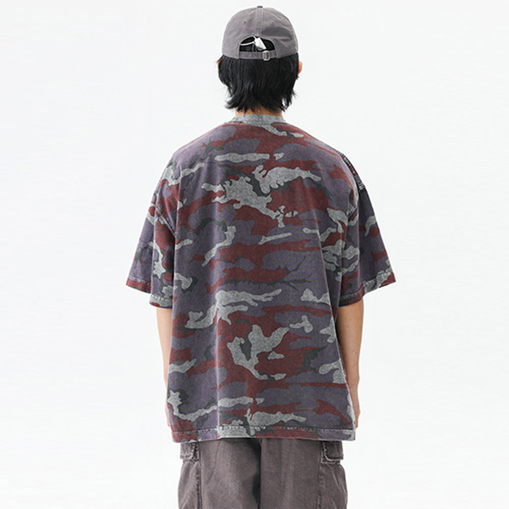 Color Block Camouflage Short Sleeve T-Shirt Men's Summer Versatile Functional Style Loose Streetwear Striped Round Neck Half Sleeve Top