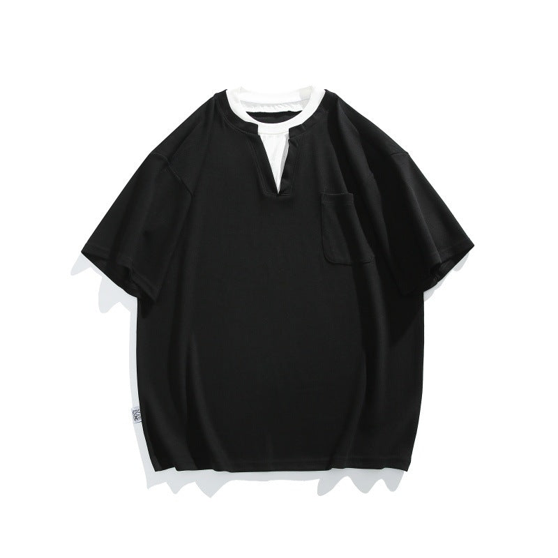 Double collar contrasting fake two piece short sleeved T-shirt