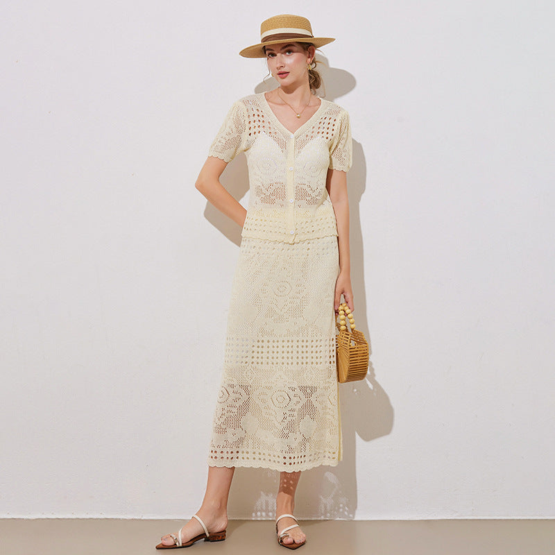 Women's crochet hollow cardigan half skirt set