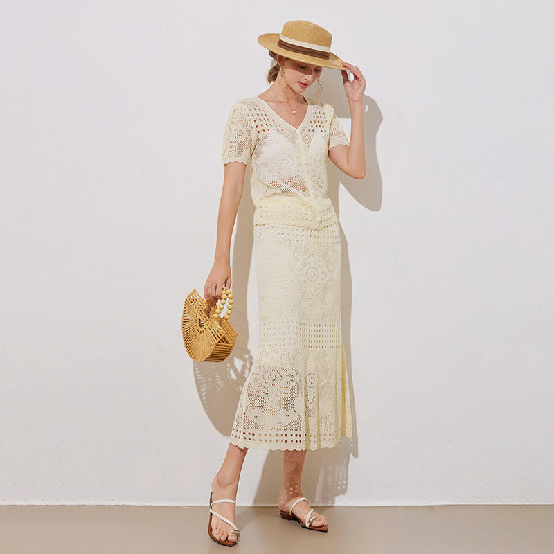 Women's crochet hollow cardigan half skirt set