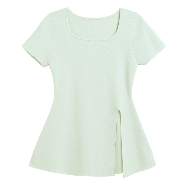 Women's slit T-shirt short sleeved U-neck top