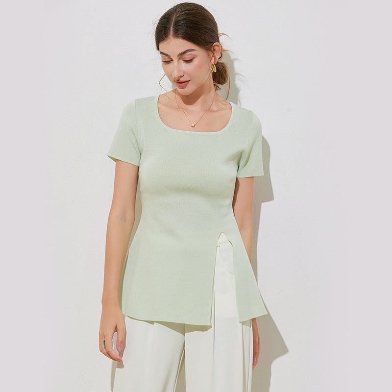 Women's slit T-shirt short sleeved U-neck top