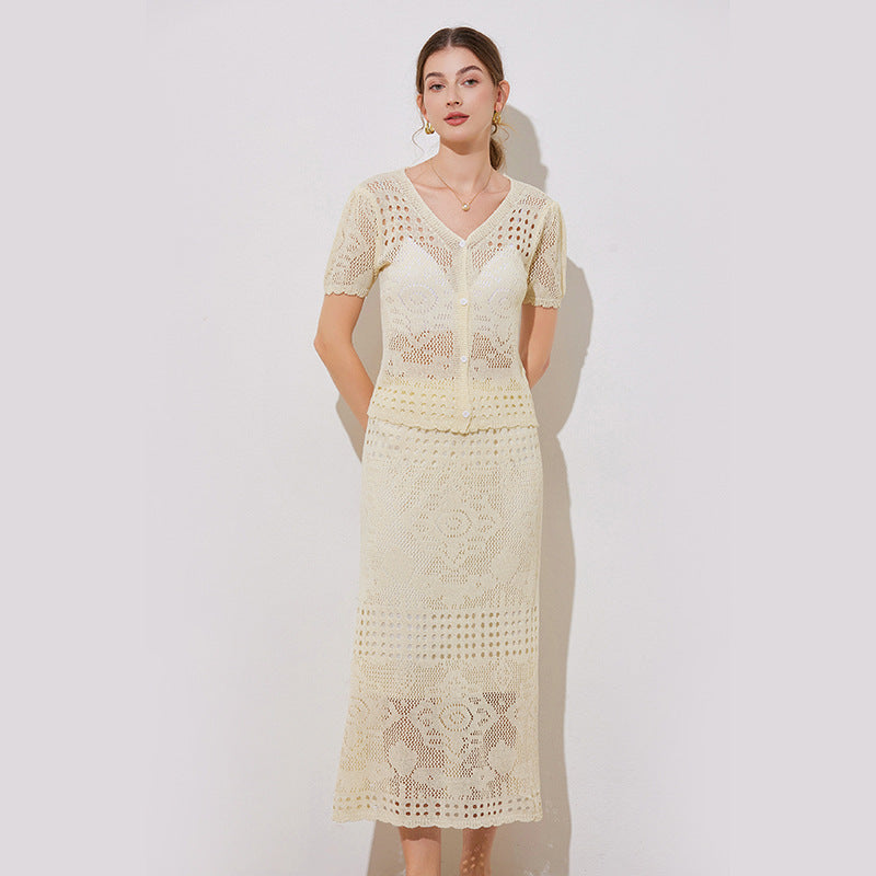 Women's crochet hollow cardigan half skirt set