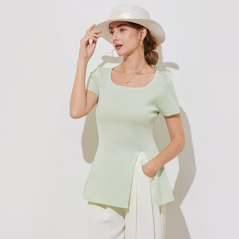 Women's slit T-shirt short sleeved U-neck top