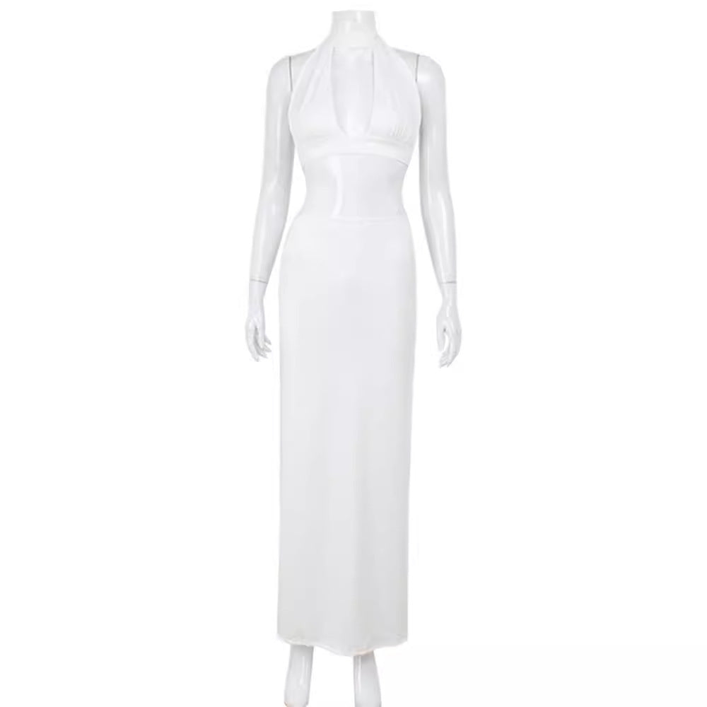 Deep V sexy backless hanging neck top hip hugging pleated long skirt set for women
