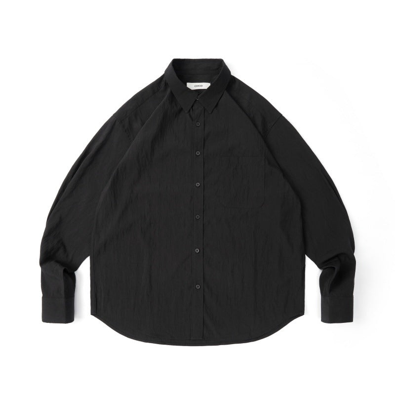 Collar solid color Tencel long sleeved shirt for couples, loose casual top