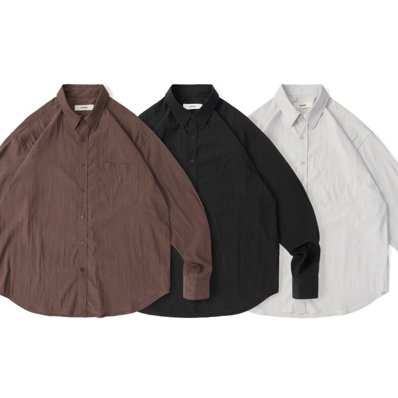 Collar solid color Tencel long sleeved shirt for couples, loose casual top