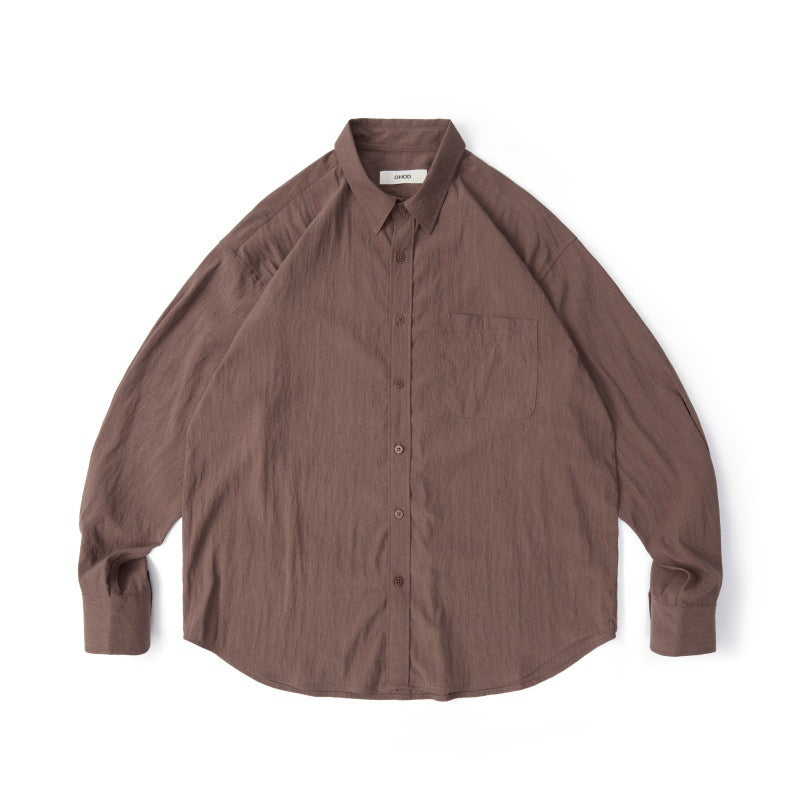 Collar solid color Tencel long sleeved shirt for couples, loose casual top