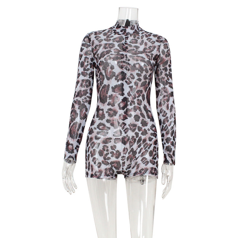 Classic leopard print slim fit spicy girl jumpsuit shorts