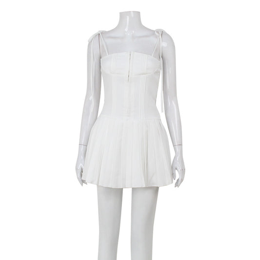 White sexy pure desire style dress with backless straps and pleated camisole skirt