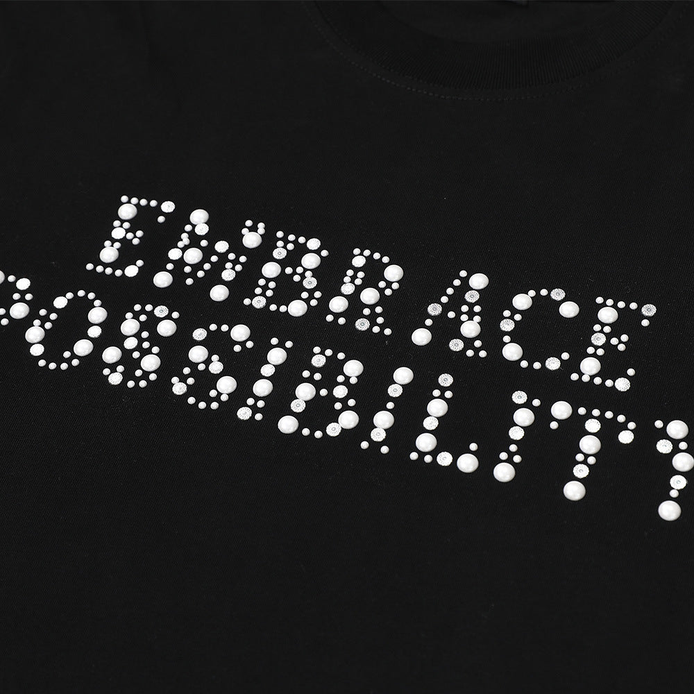 Alphabet Studs Decorated Short Sleeve T-Shirt Men's American Style Pure Cotton Loose Round Neck Half-Sleeve Tee