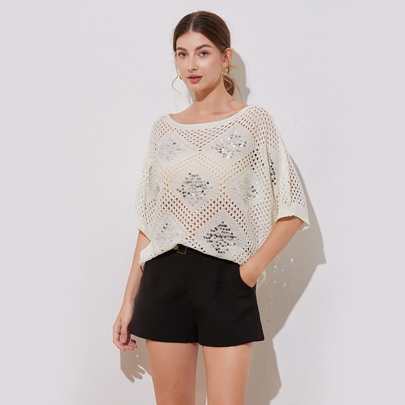 Bat sleeve T-shirt with hollowed out sequin top