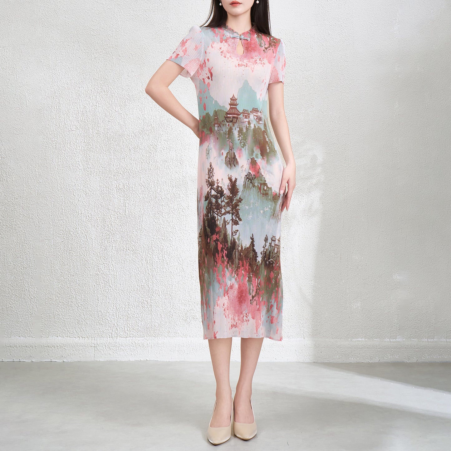 Wrinkled national style elegant slimming printed long skirt
