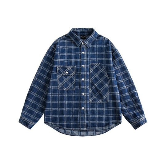 Checkered pocket decoration casual lapel denim shirt