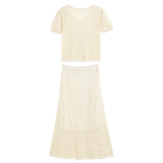 Women's crochet hollow cardigan half skirt set