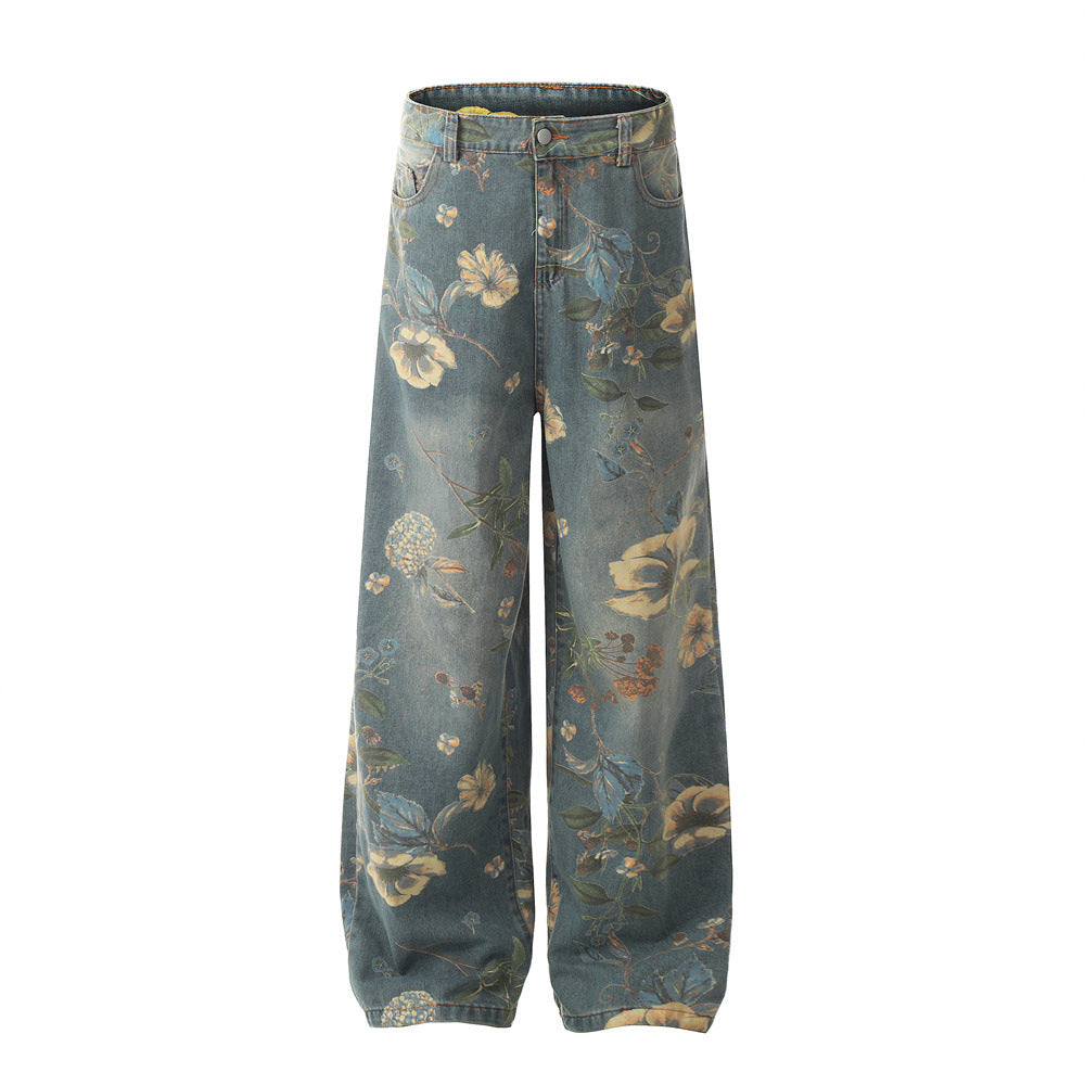 Full-Print Floral Design Loose Wide-Leg Denim Trousers for Men and Women, Vibe European and American Trendy Floor-Length Dad Pants