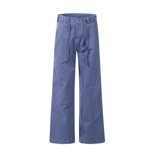 Vintage Drawstring Design Work Pants Men's High Street Retro Loose Fit Casual Solid Color Wide Leg Tapered Long Pants