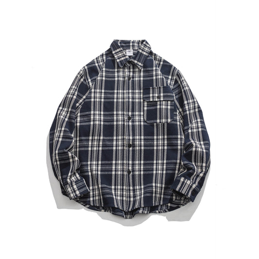 Color blocked plaid pocket lapel long sleeved loose shirt
