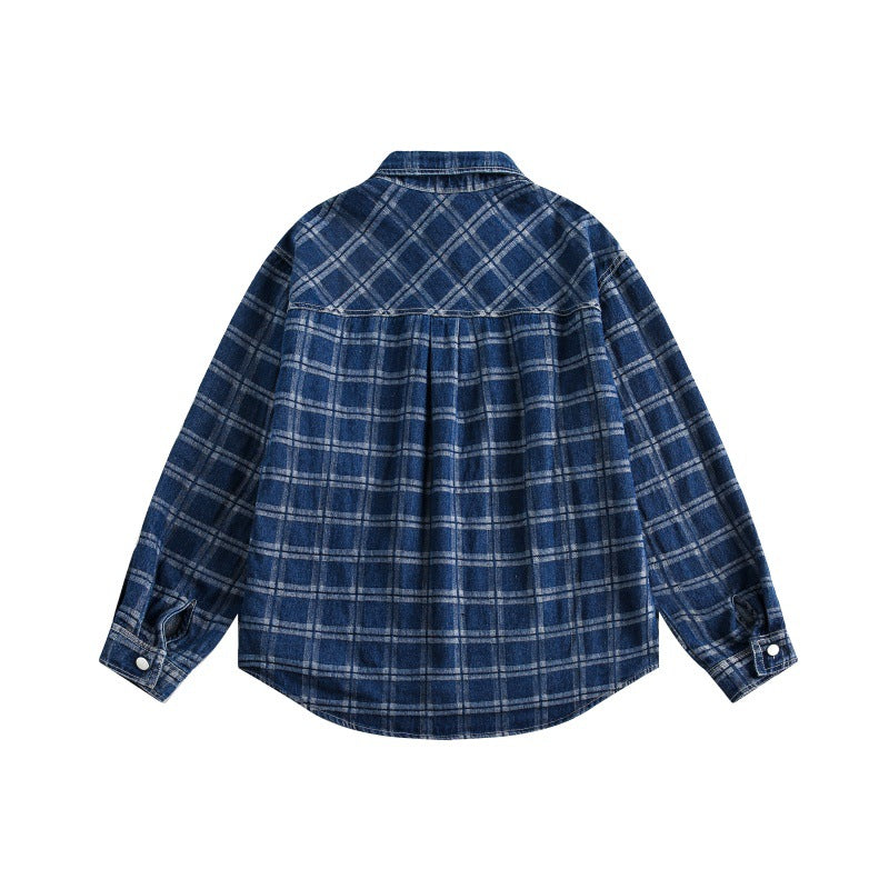Checkered pocket decoration casual lapel denim shirt