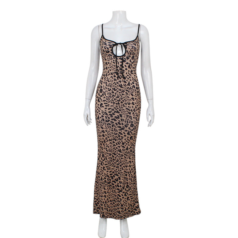 Classic leopard print suspender hollow lace up dress