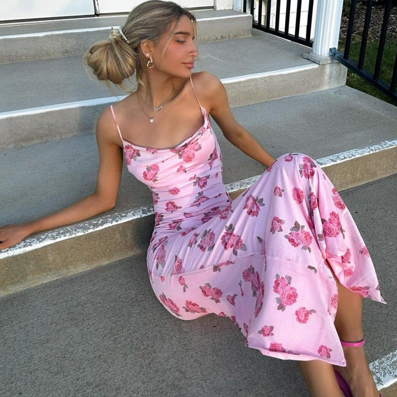 Backless rose print long dress seaside vacation style slim fit U-neck temperament dress