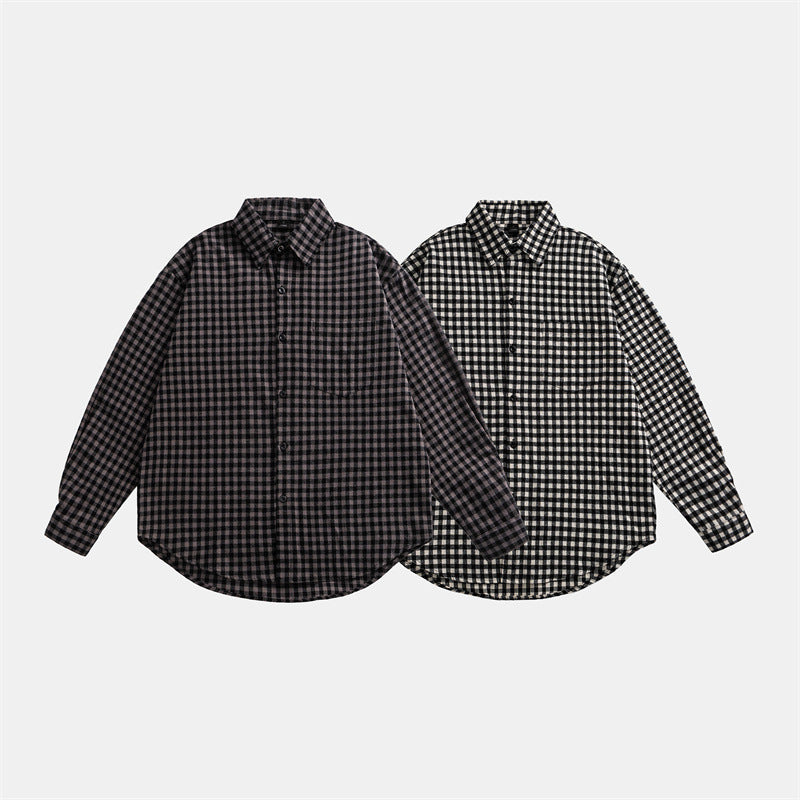 Checkered long sleeved lapel loose casual shirt