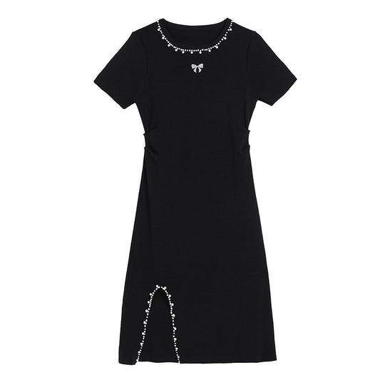 Women's high waisted nail bead A-line skirt slimming t-shirt skirt