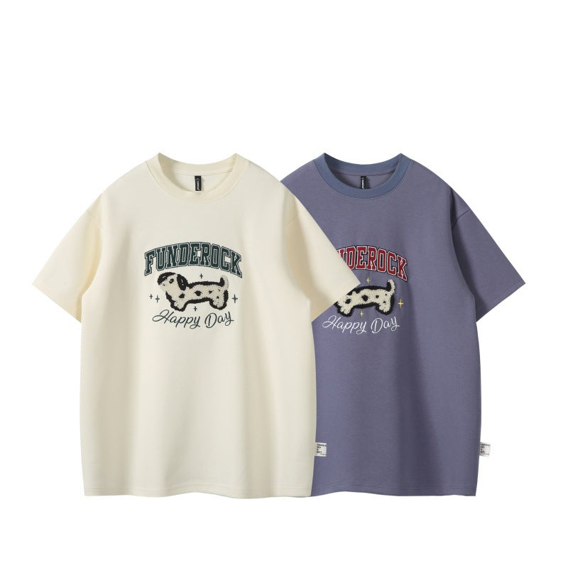 Spotted dog plush letter loose men's and women's short sleeved T
