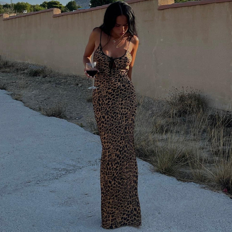 Classic leopard print suspender hollow lace up dress