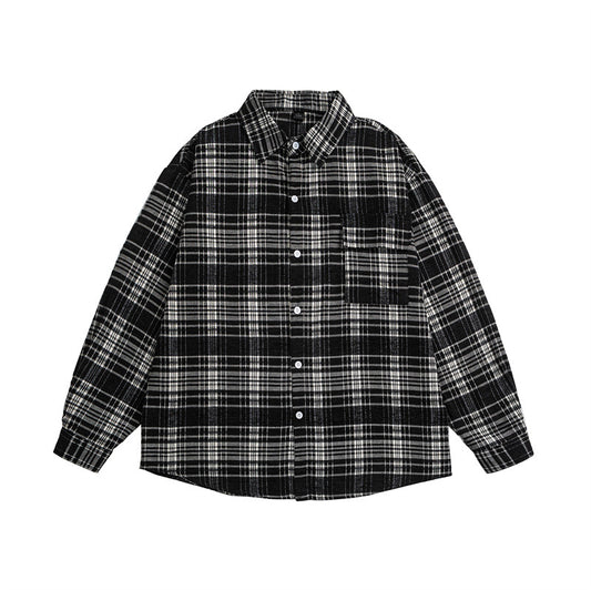 Black and white checkered patchwork lapel casual shirt for men and women